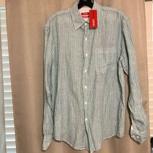 IZOD Long-Sleeve Blue and Green Striped Button Down Shirt in Size Medium